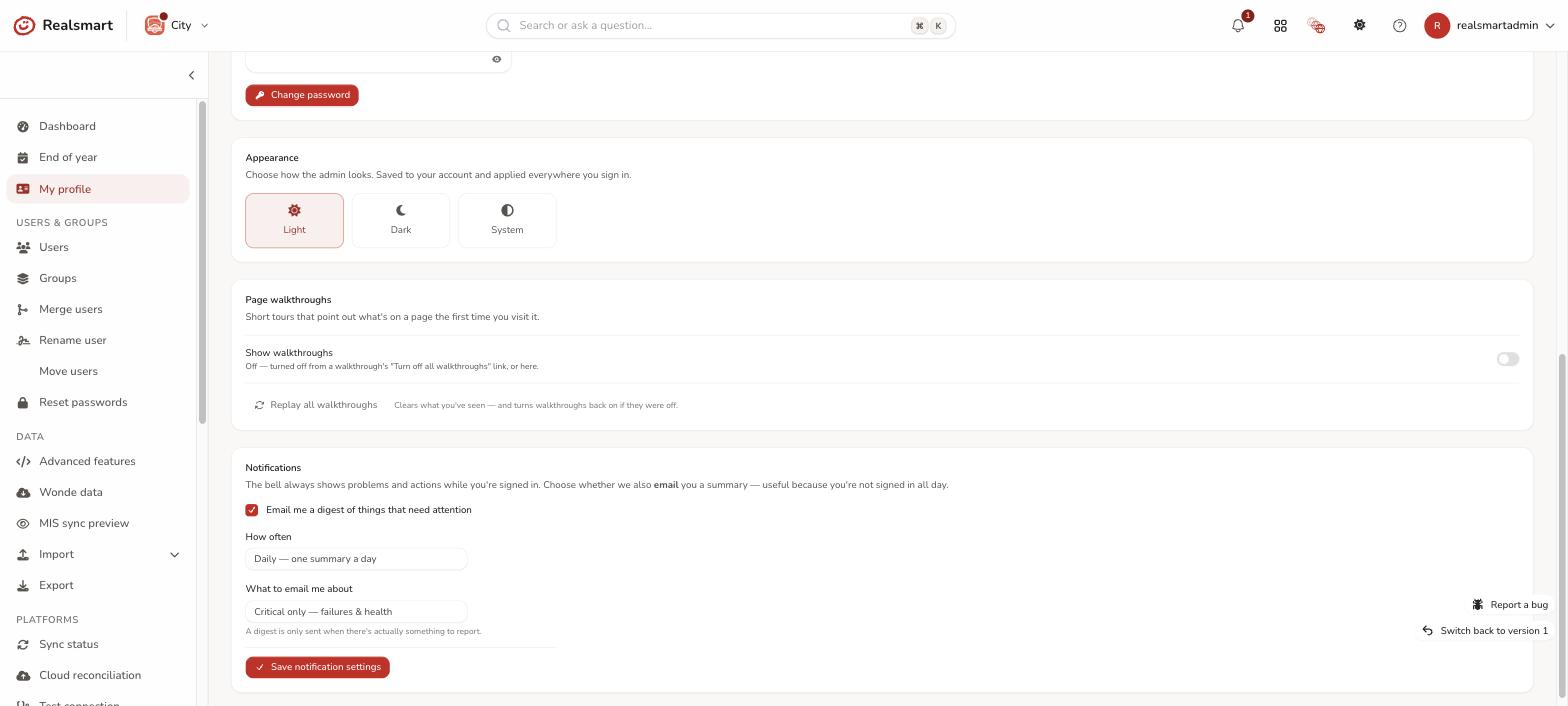 My profile Notifications card showing the email digest checkbox, frequency and severity selects enabled