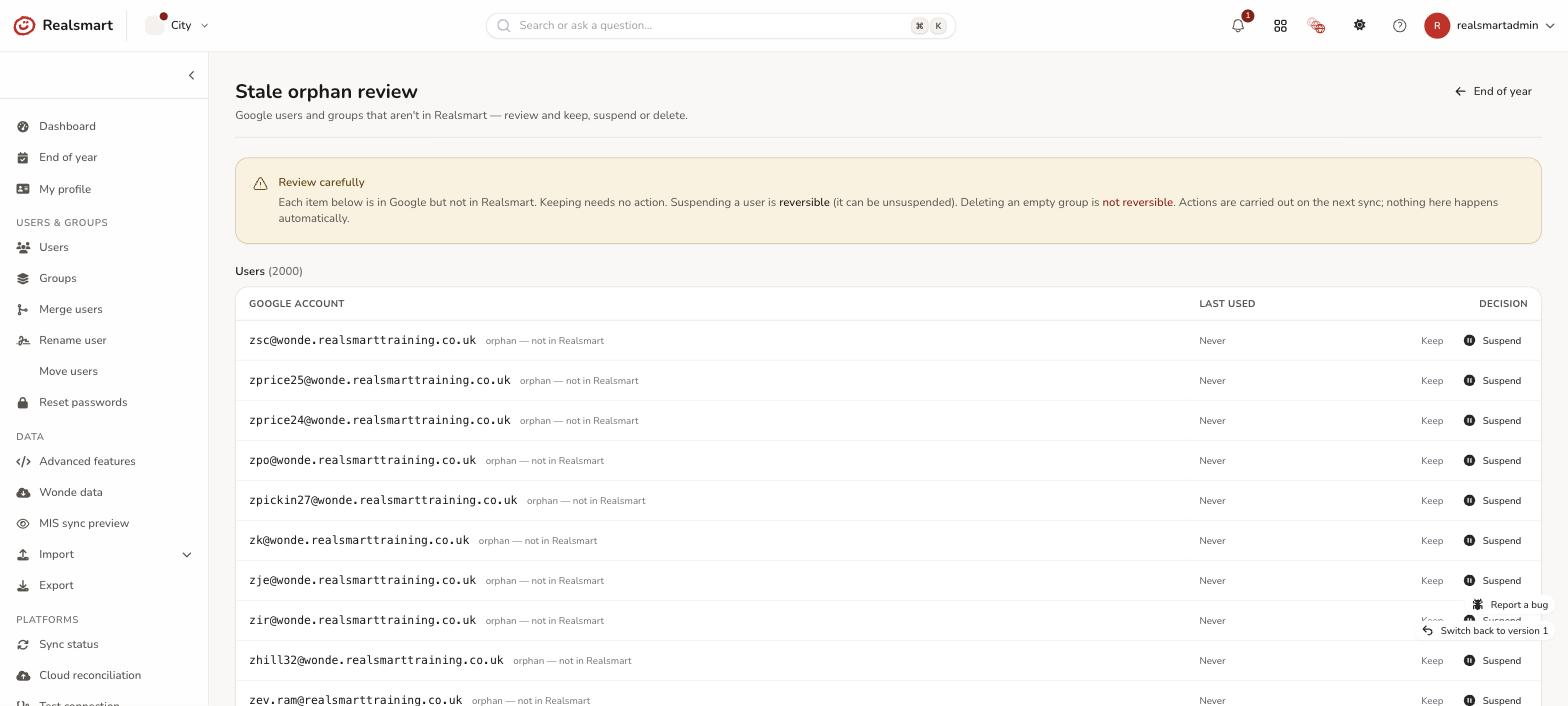 Stale orphan review list showing Users and Groups tabs with a row mid decision