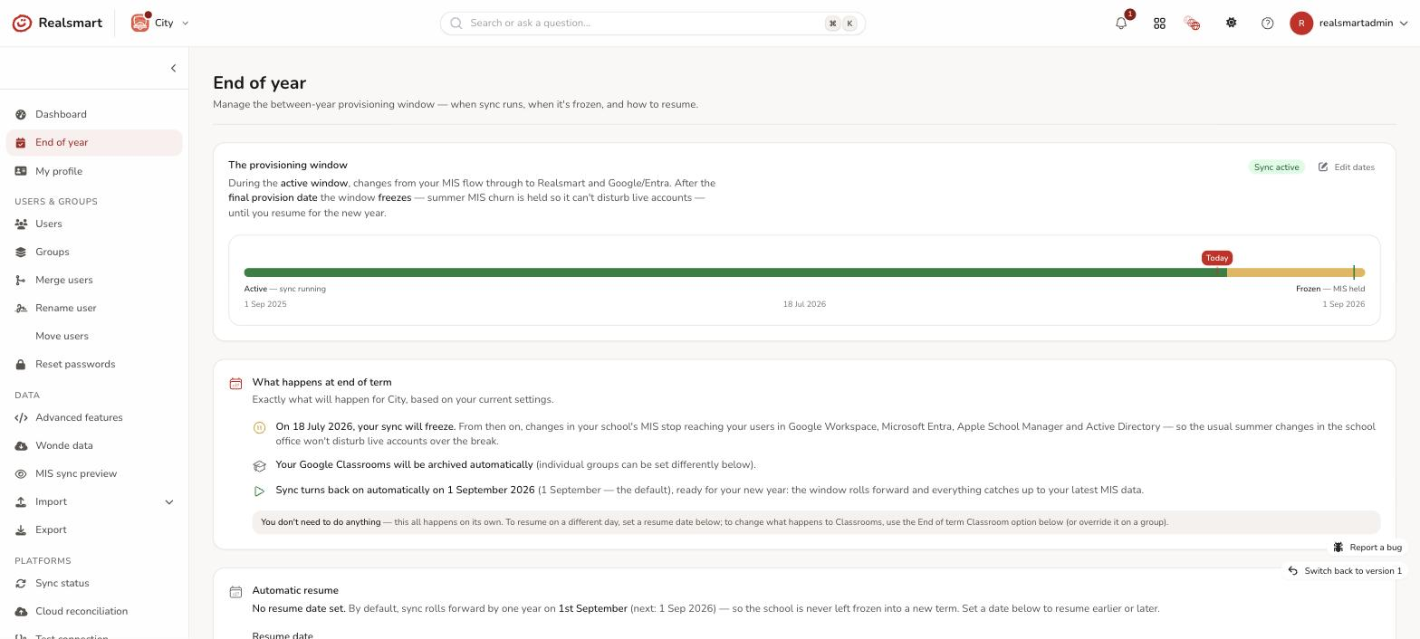 End of year provisioning window timeline with editable first and final provision dates