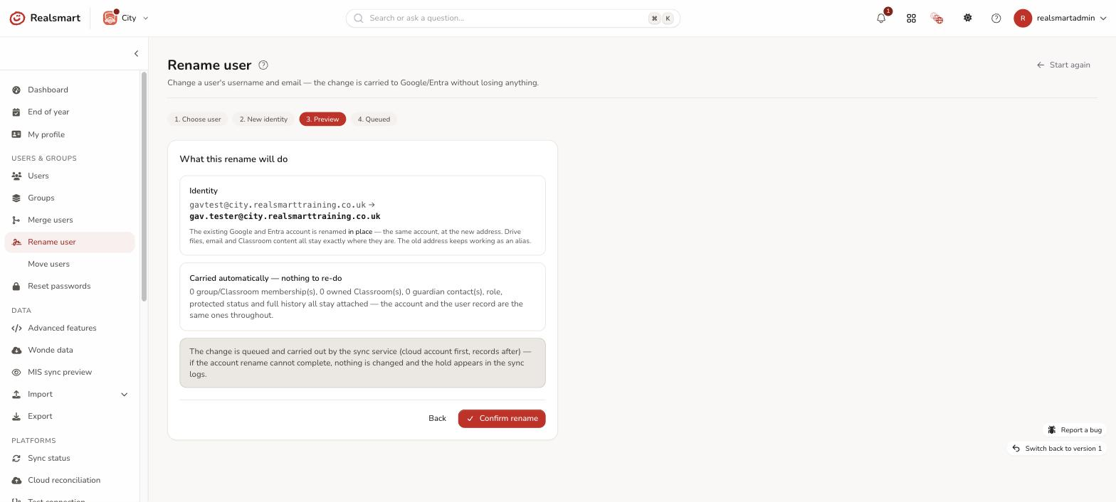 Rename user Step 4 preview screen showing the old and new email side by side