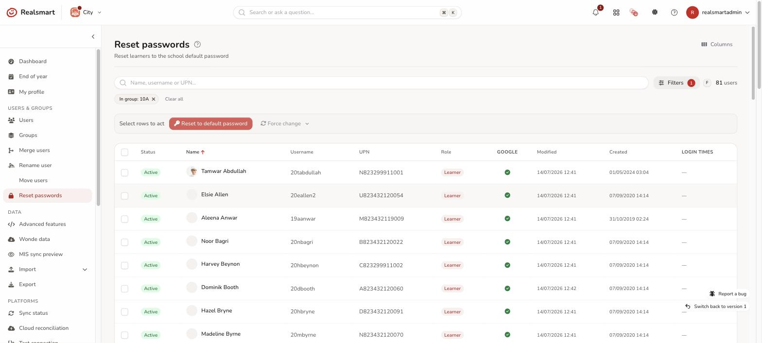 Reset passwords page with a group selected showing the member list before confirming