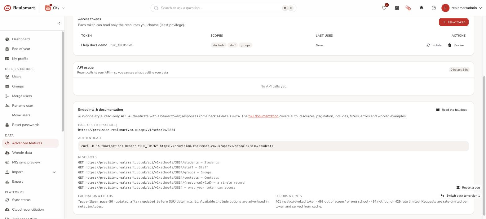 SOS API Endpoints tab with one resource expanded showing scope, parameters and a curl example