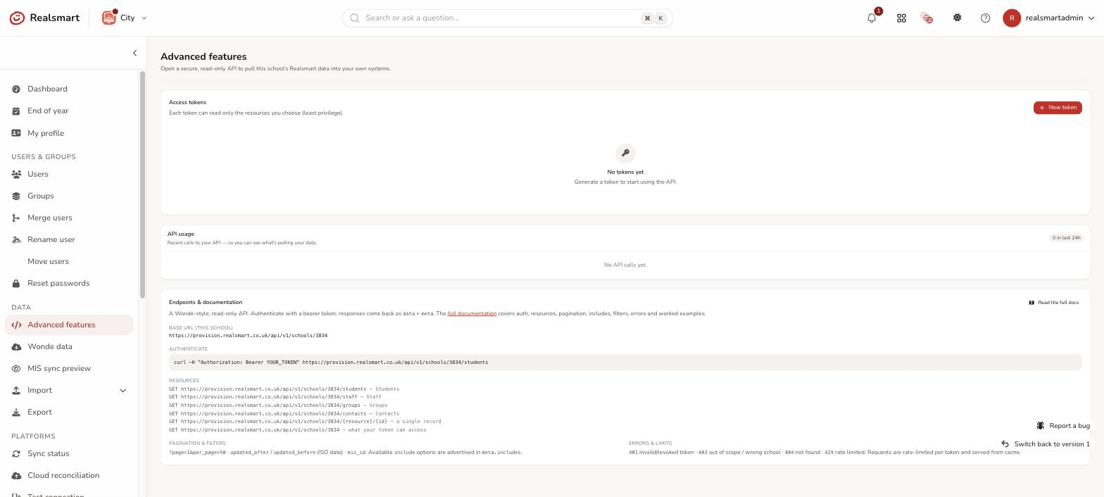 Sidebar showing the API item to anchor where to find the SOS API