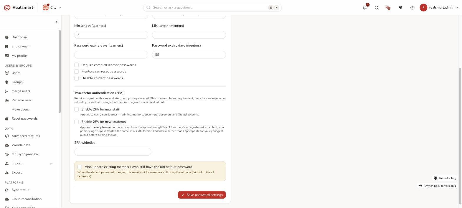 School settings Password tab showing the Enable 2FA toggles for staff and students together