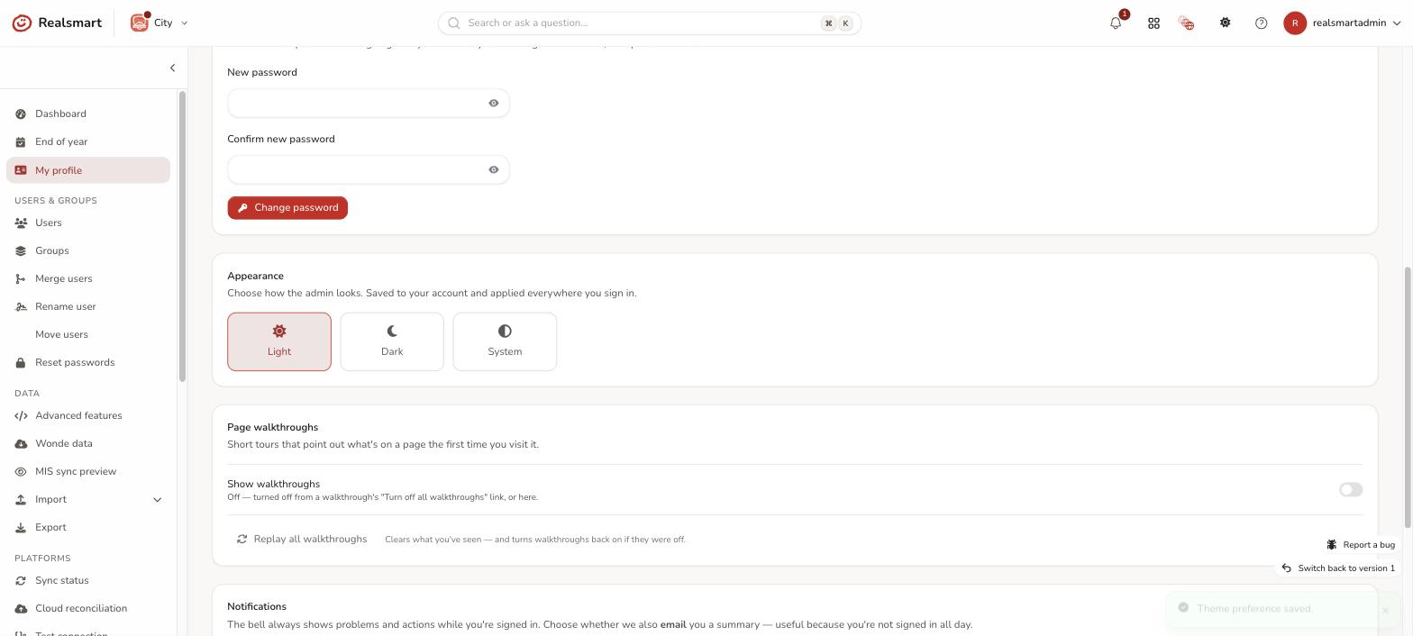 My profile Appearance card with one theme option selected