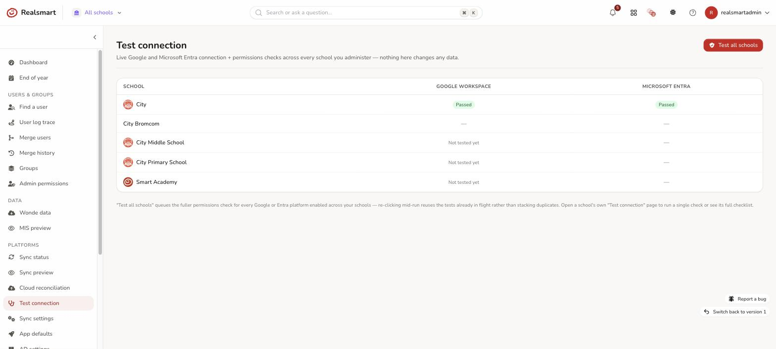 MAT overview test connection grid showing every school and platform combination with a Test all schools option