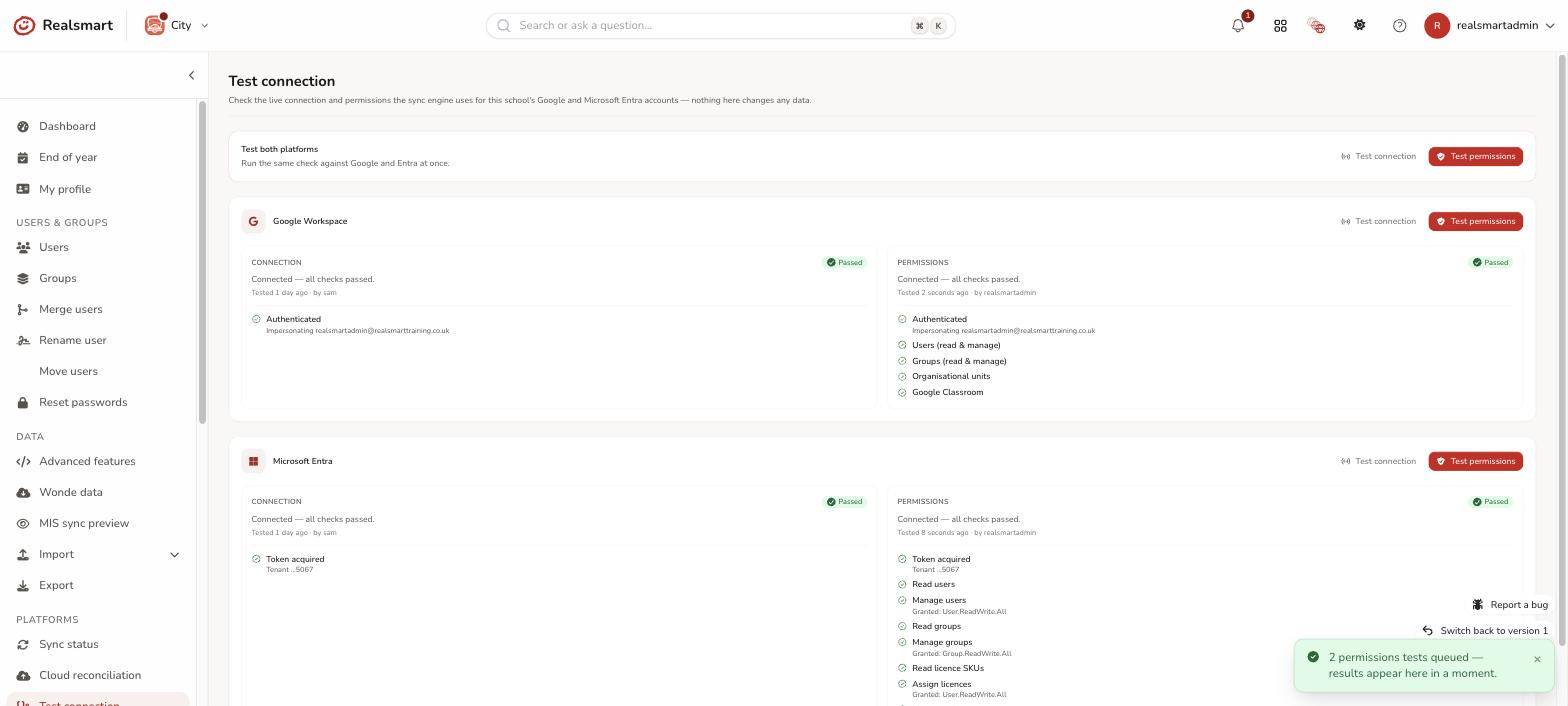 Test connection result showing a status pill above a checklist with granted, missing and not applicable permission rows