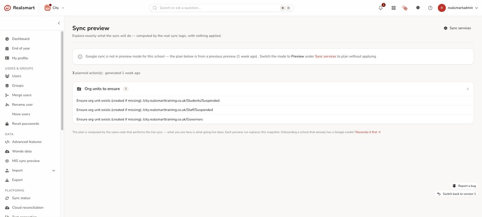 Sync preview showing expandable categories of accounts to create, update or suspend with example rows