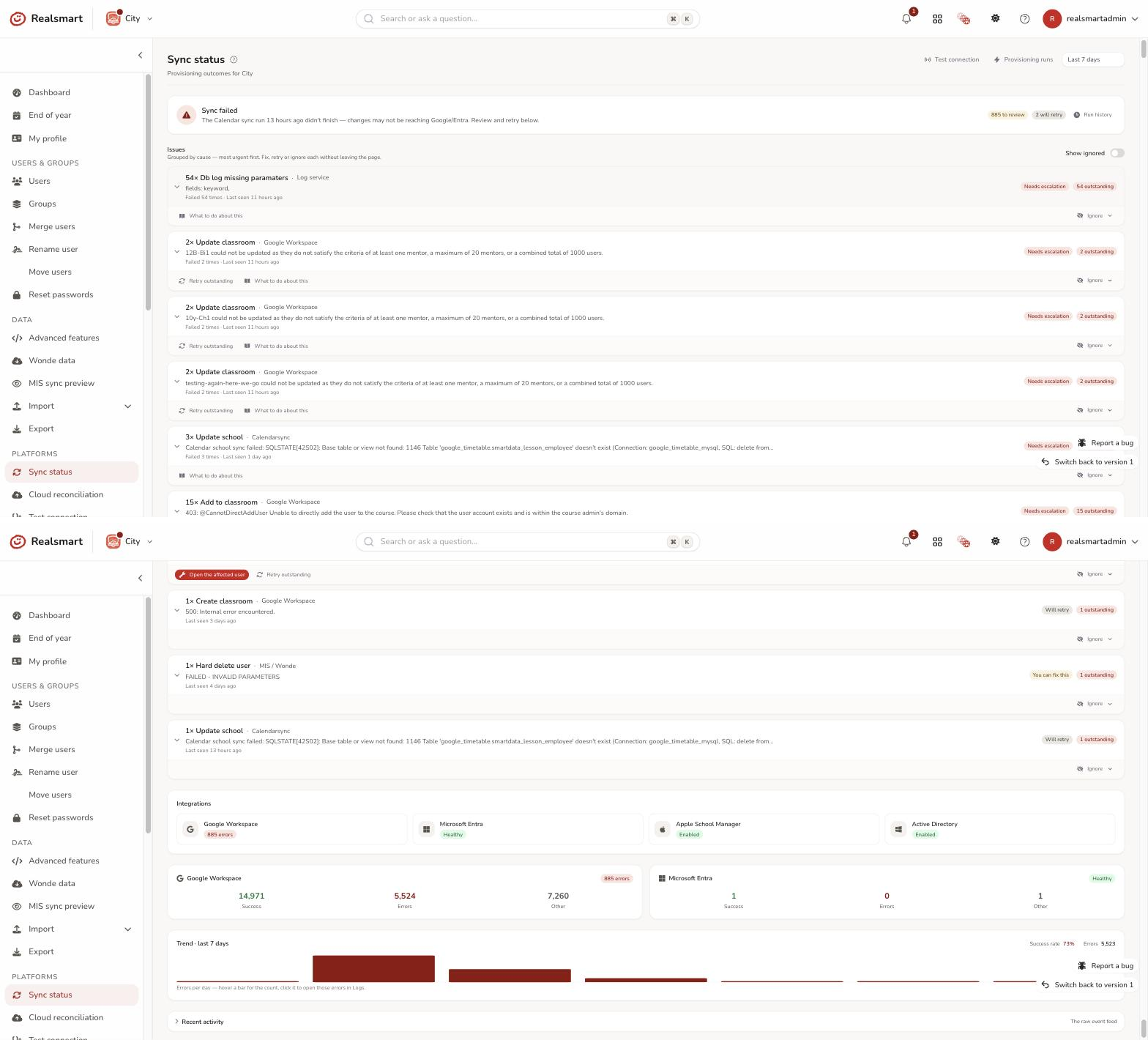 Sync status dashboard showing the health header, an expanded issue row and per platform status tiles