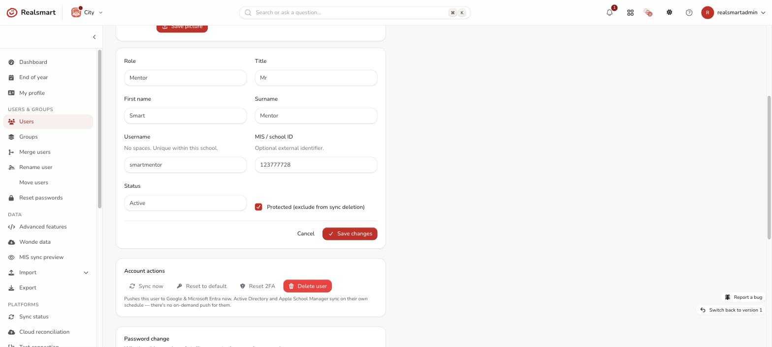 User edit Details tab showing the Status field and the separate Protected checkbox together