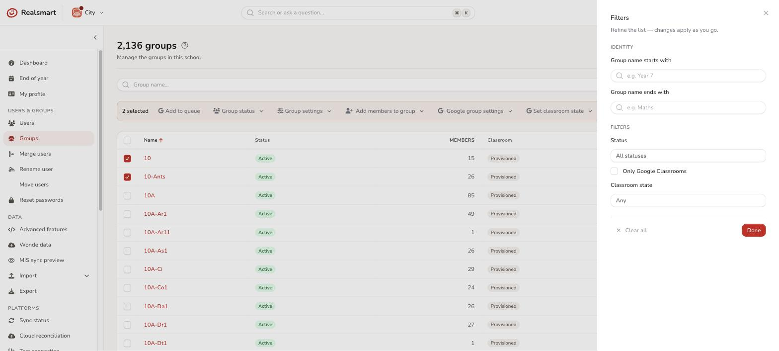 Groups filter drawer showing group name starts and ends with, school and classroom state filters