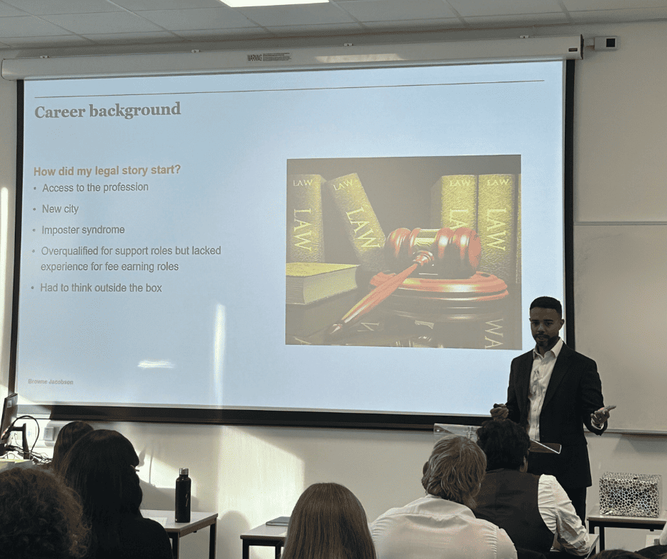 Image of Browne Jacobson Partner Ryan Brown presenting to students at Laurus Ryecroft Sixth Form.