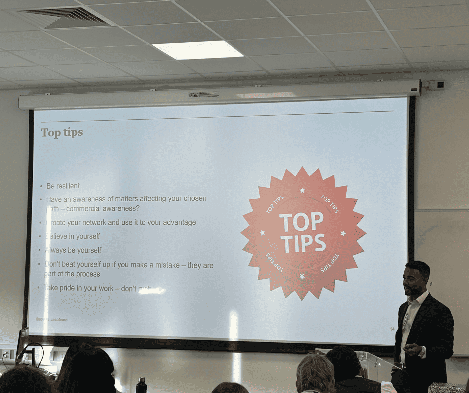 Ryan Brown, from Browne Jacobson law firm providing Laurus Ryecroft Sixth Form students with top tips to succeed in their career.