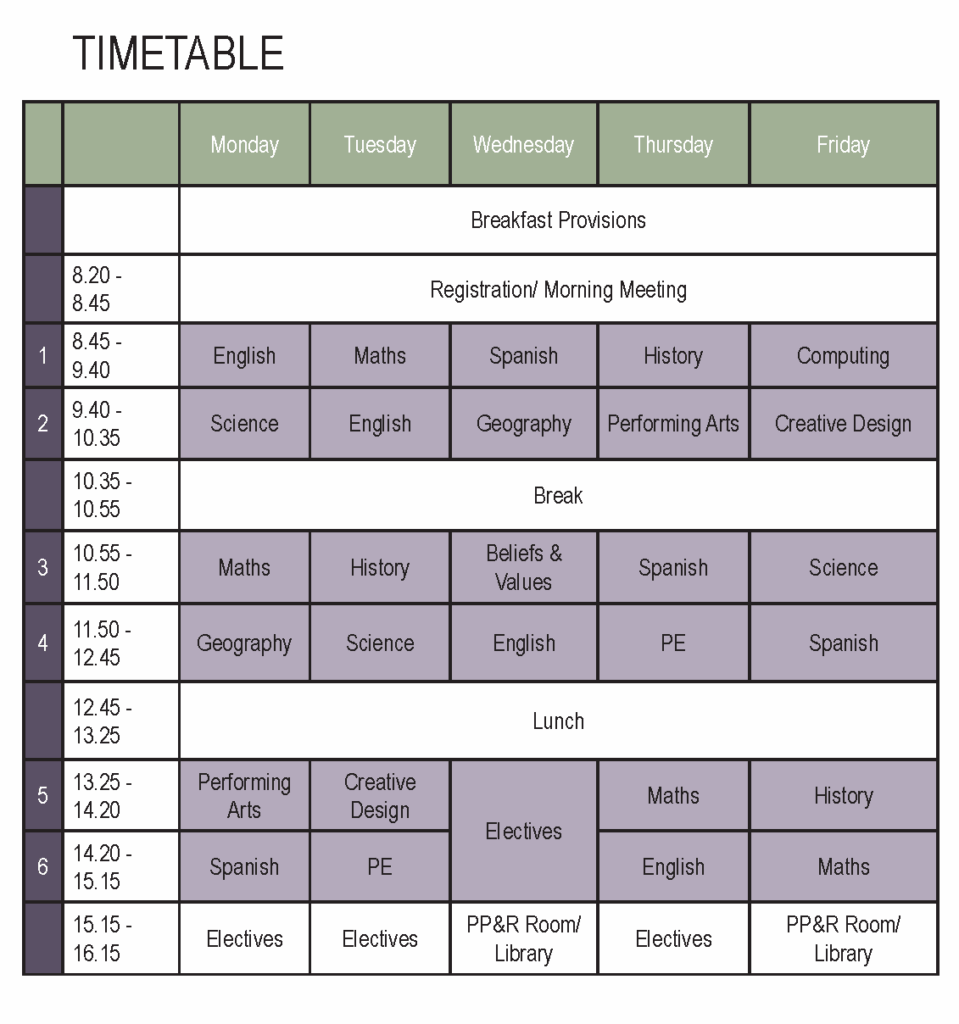 An example timetable for a student at Laurus Ryecroft