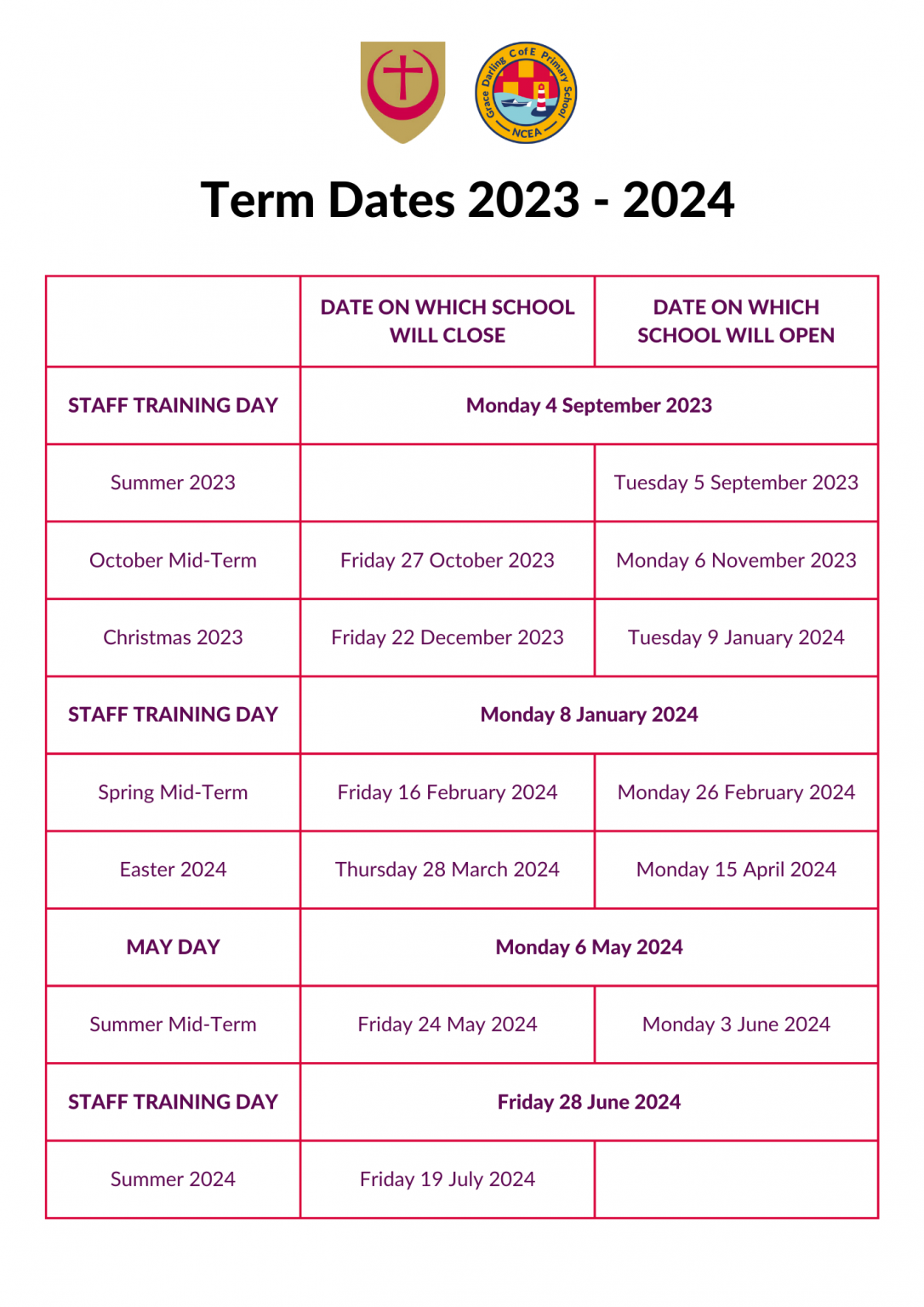 Term Dates NCEA Grace Darling CofE Primary School
