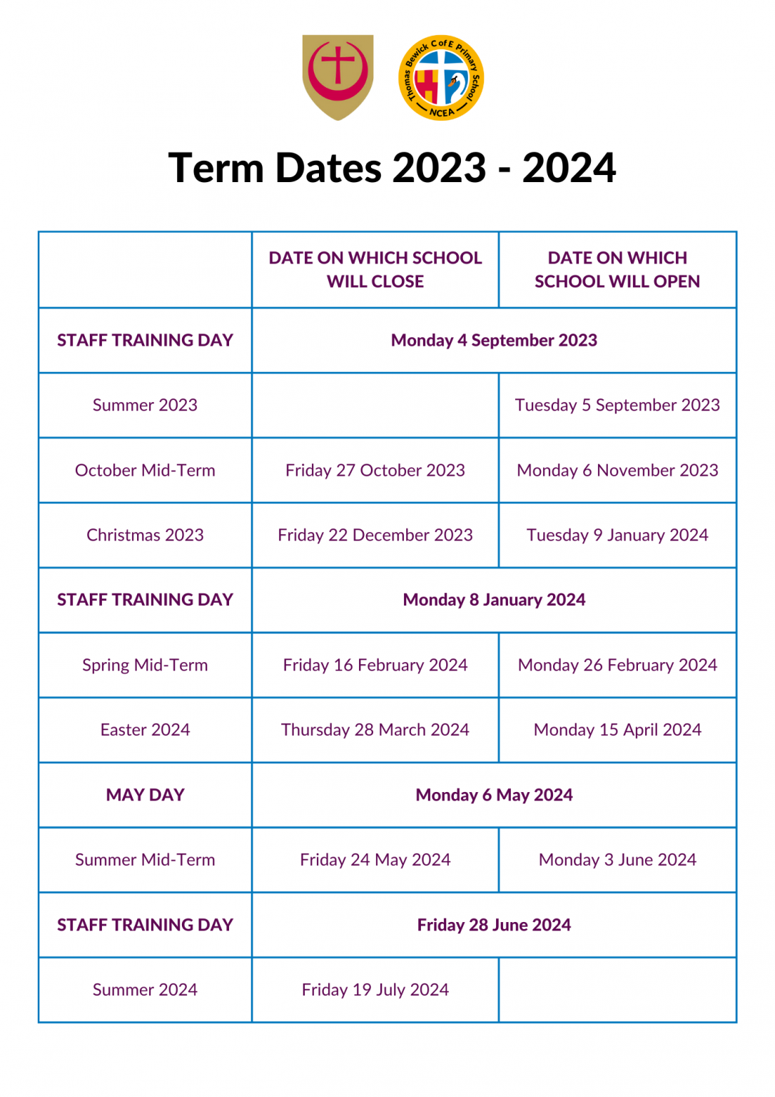 Term Dates NCEA Thomas Bewick CofE Primary School