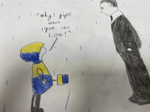 Drawing of a child in Ukraine flag colours talking to a man