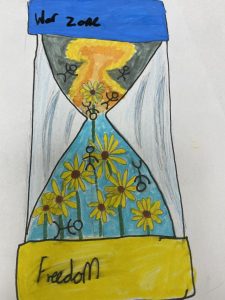 Drawing of sand timer with Ukraine flag colours