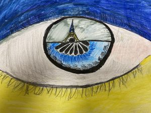 Drawing of an eye with Ukraine flag colours