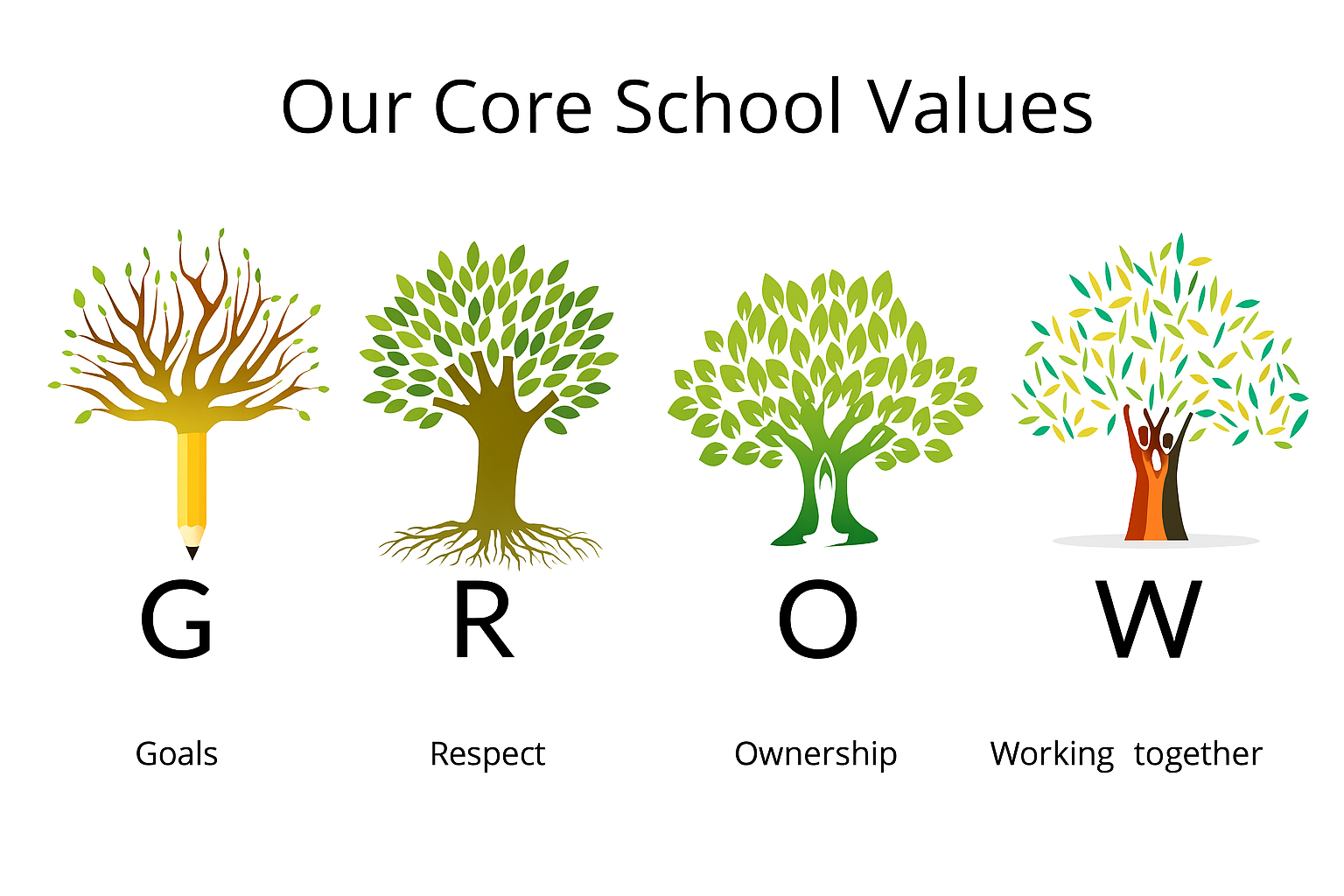 An illustration of the GROW Values at Norris Bank Primary School. These are Goals, Respect, Ownership and Working together.