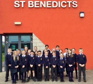 Pupils at St Benedict's Catholic Primary School in Redcar celebrate their Ofsted visit