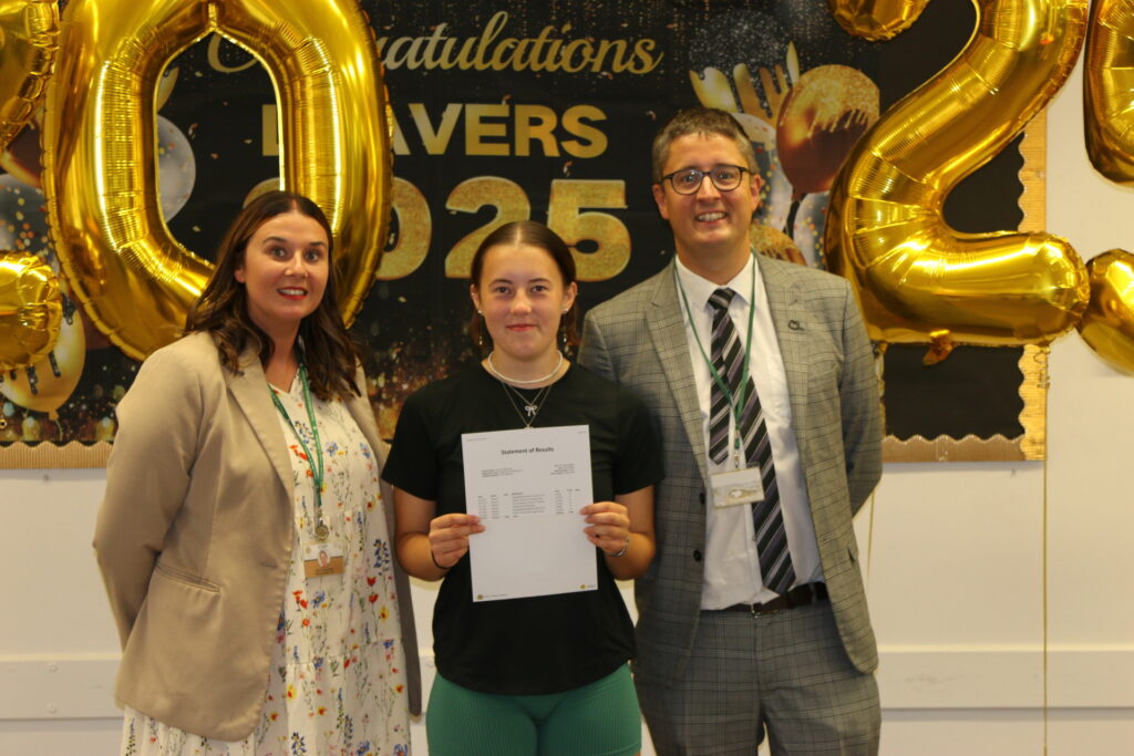 T6 Amelia Lucas with deputy head of sixth form Natalie Flounders and head of sixth form Phill Scarr