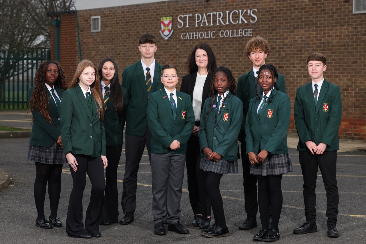 headteacher Deborah Law with St Patrick’s pupils – photos by Chris Booth.