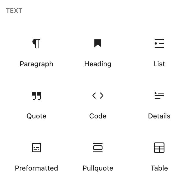 Text blocks available in wordpress