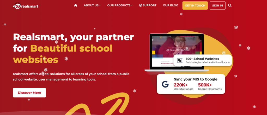 realsmart website with snow effect overlay