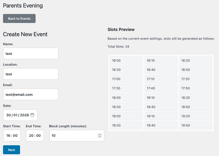 the event creation page featuring some filler data