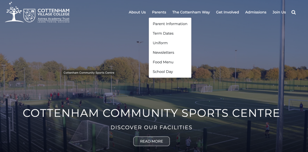 screenshot of a main menu on Astrea Cottenham website