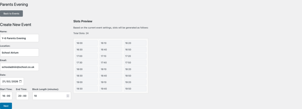 parents evening settings