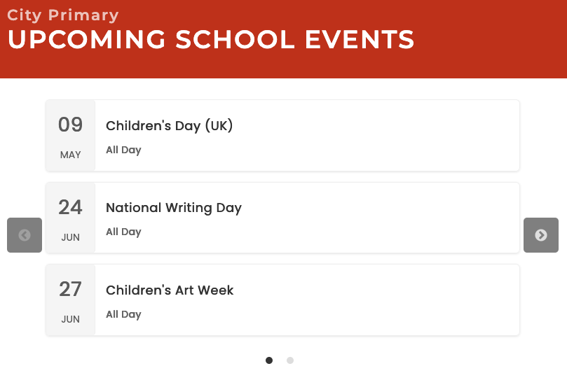 A screen shot showing a sliding calendar with the title upcoming school events with three events; 9th may children's day (UK), 24 jun national writing day and 27th jun childrens art week