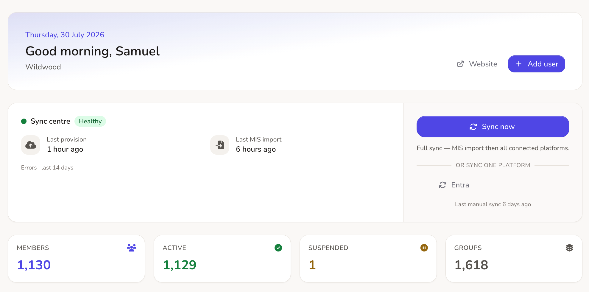 Realsmart Sync status dashboard showing grouped issues across Google Workspace, Microsoft Entra, Active Directory and Apple School Manager