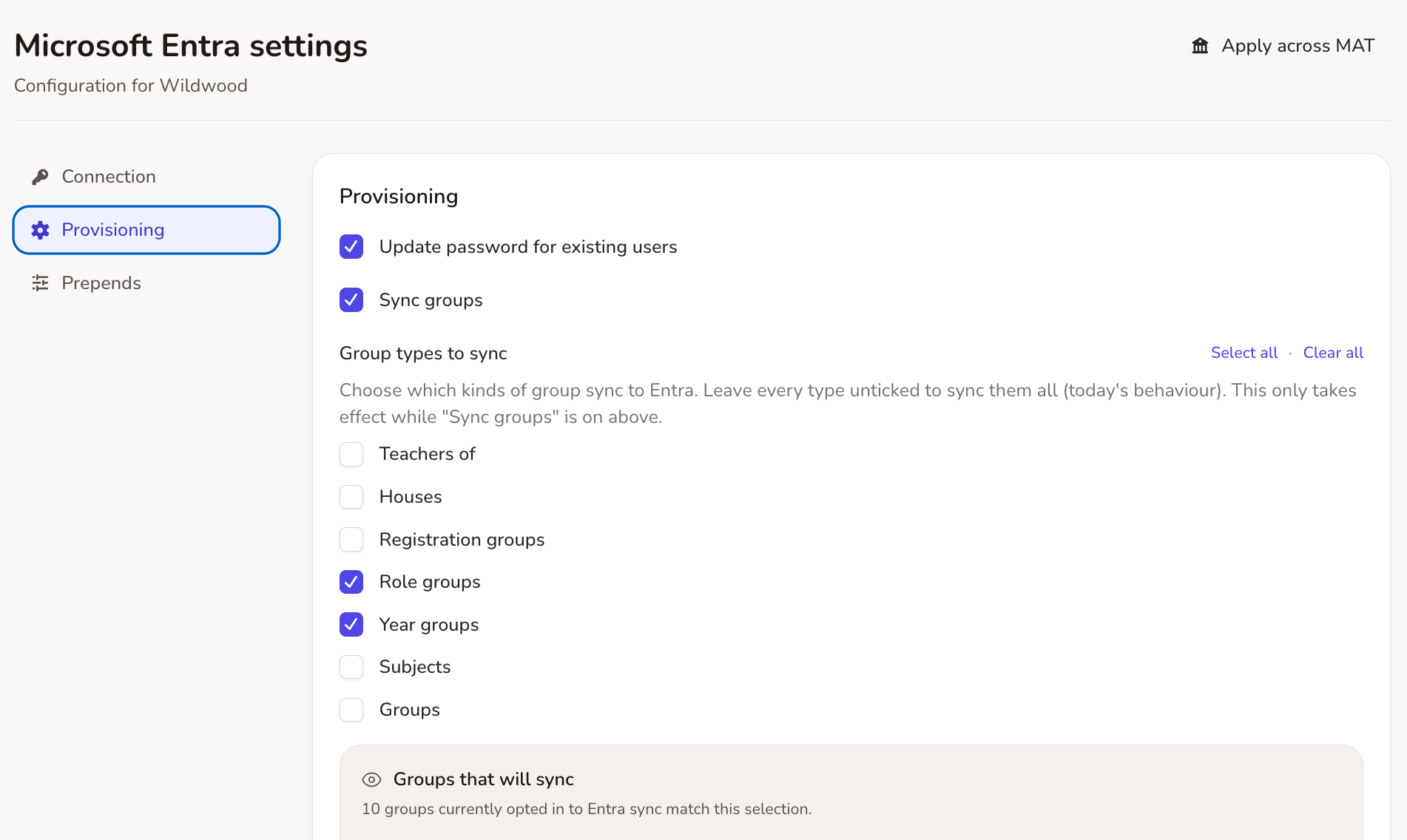 Entra Settings Area
