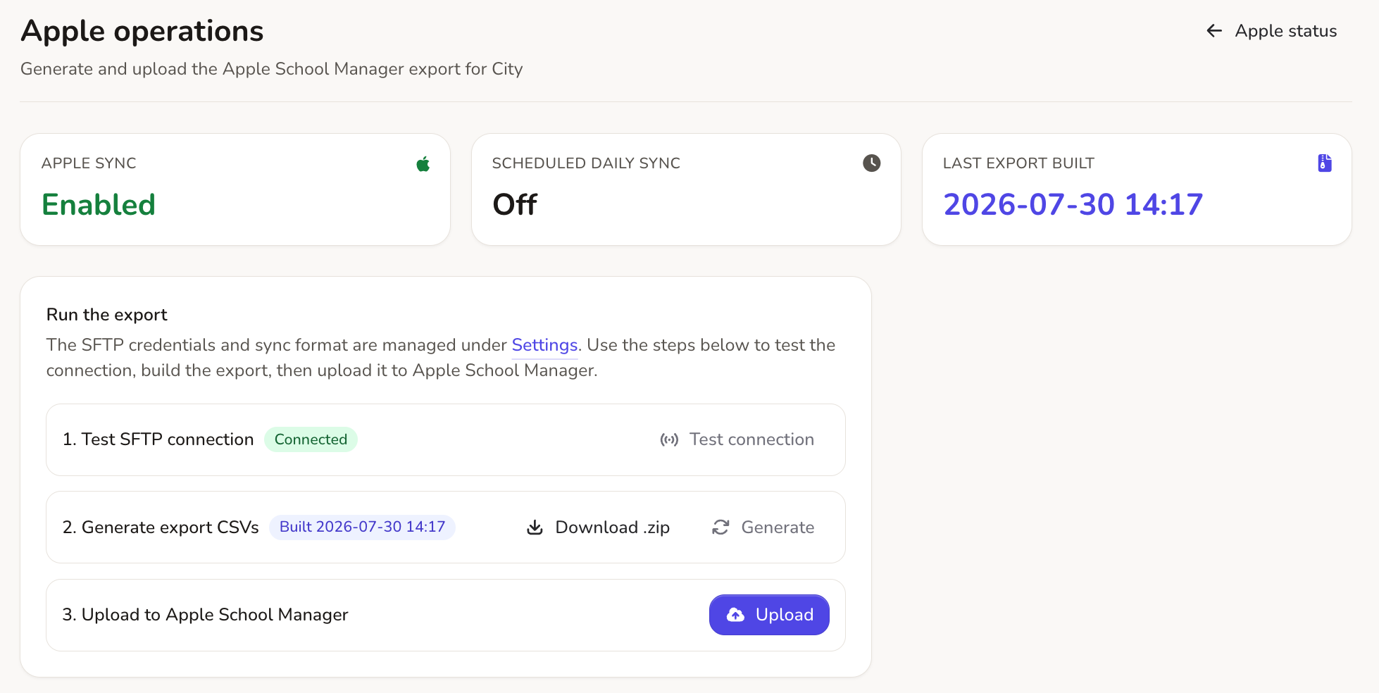 Apple School Manager sync panel with connection test, export build, preview and upload steps