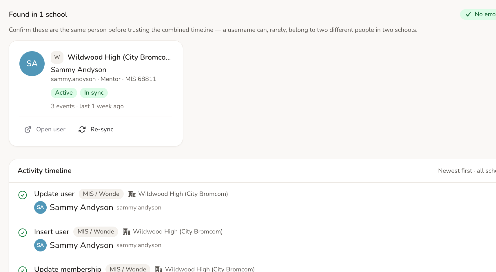 showing user trace across a trust of 4 schools.