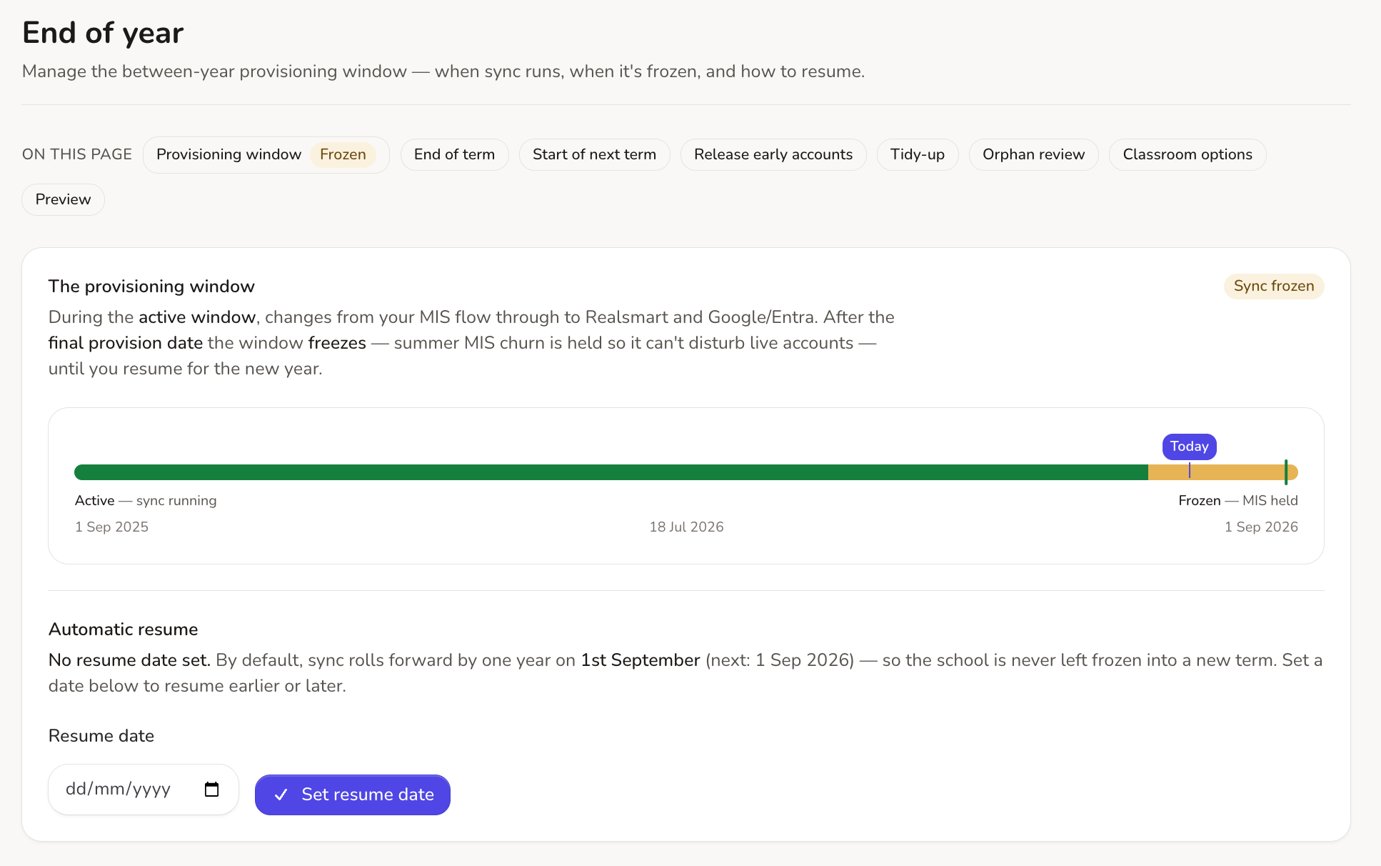 End of year settings page, showing the freeze window graphic