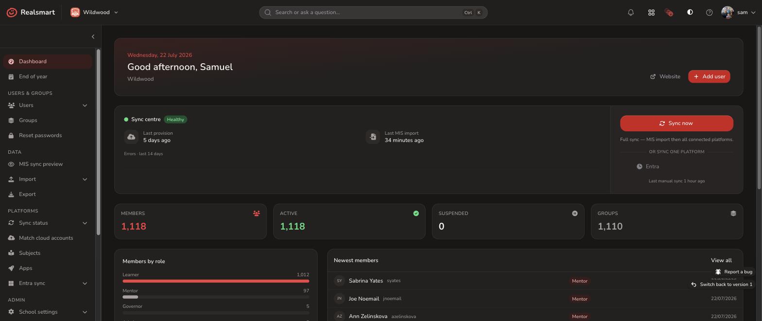 Realsmart Google Sync centre dashboard showing a healthy sync status