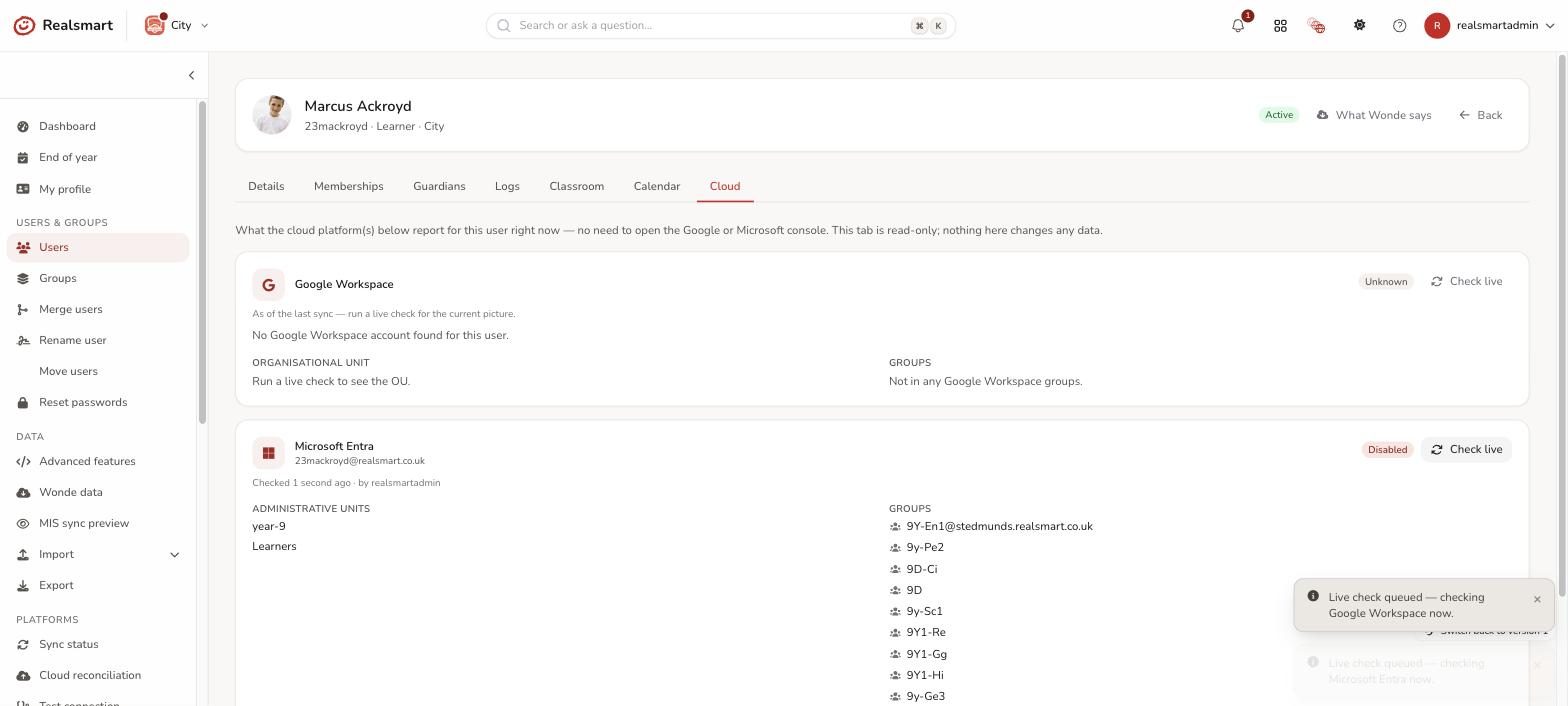 Per-user cloud tab showing live data reported by Google Workspace and Microsoft Entra