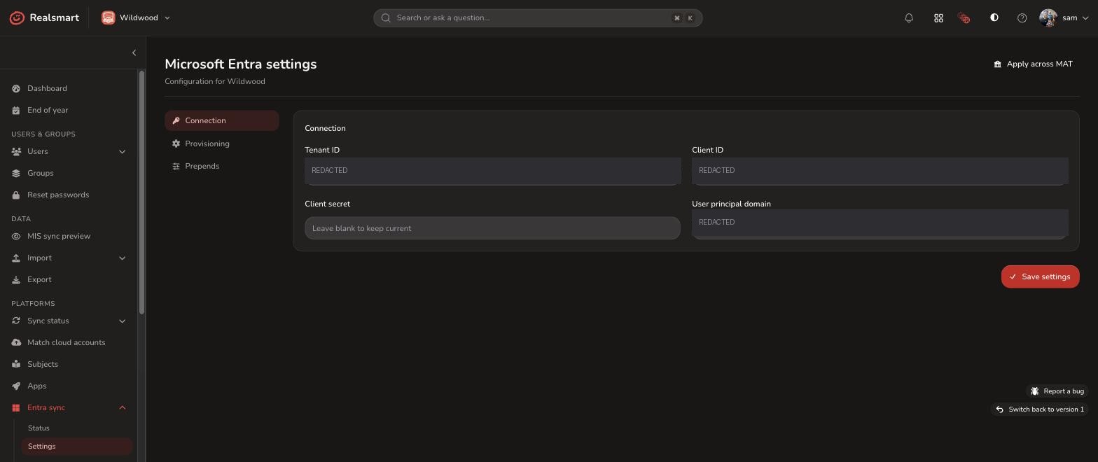 Entra Sync connection settings showing tenant ID and client ID fields with credentials redacted