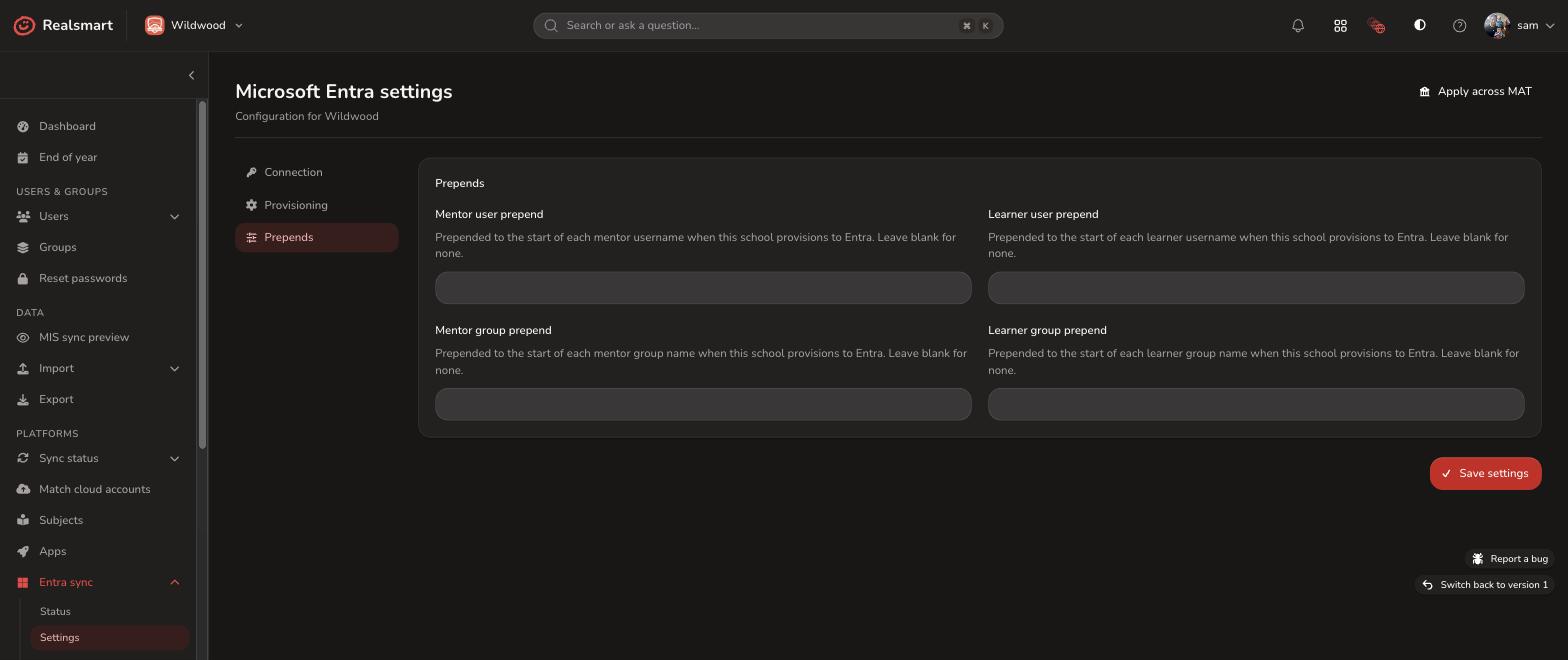 Entra Sync prepends settings for mentor and learner users and groups