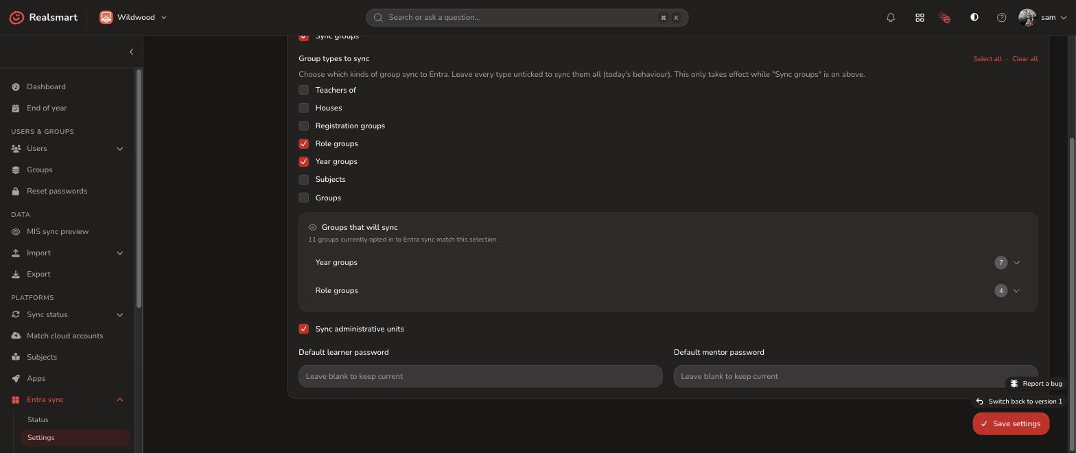 Entra Sync provisioning settings showing group sync options and a live groups preview