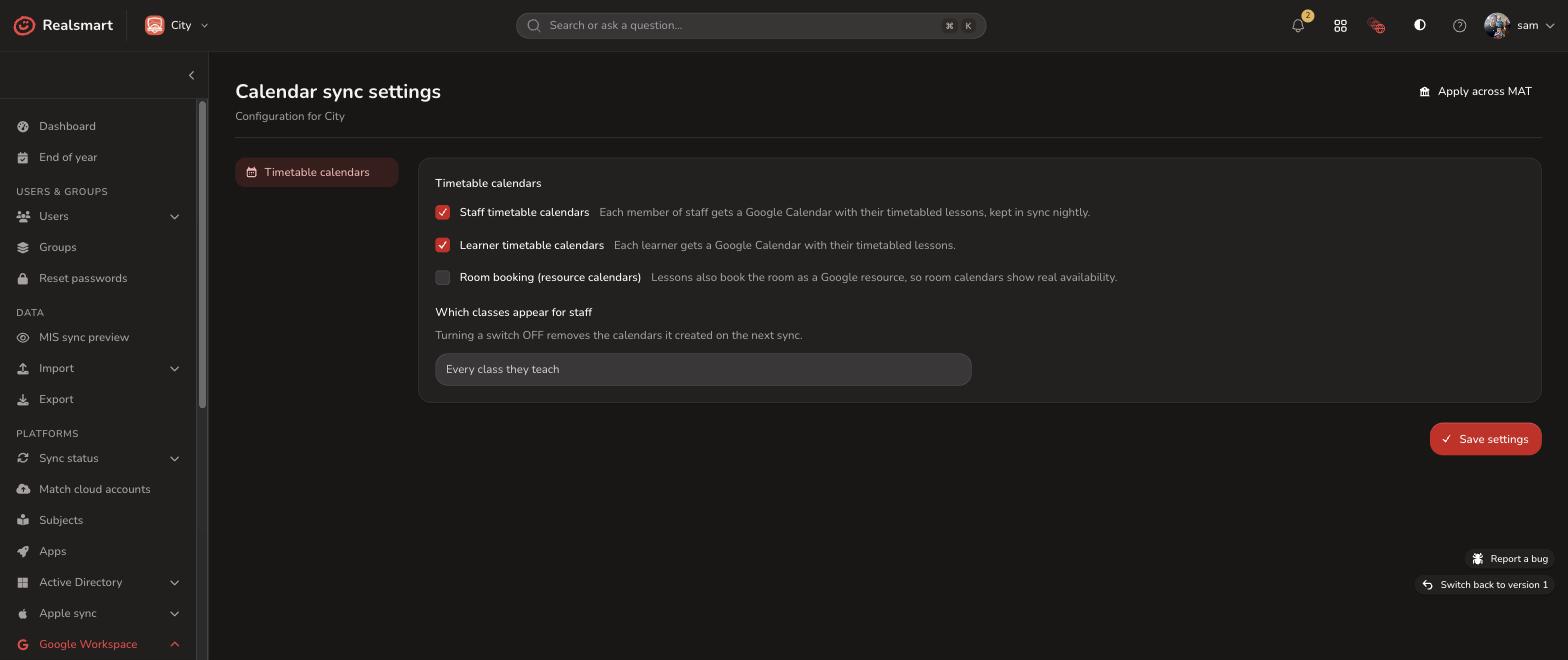 Google Sync calendar sync settings for staff and learner timetables