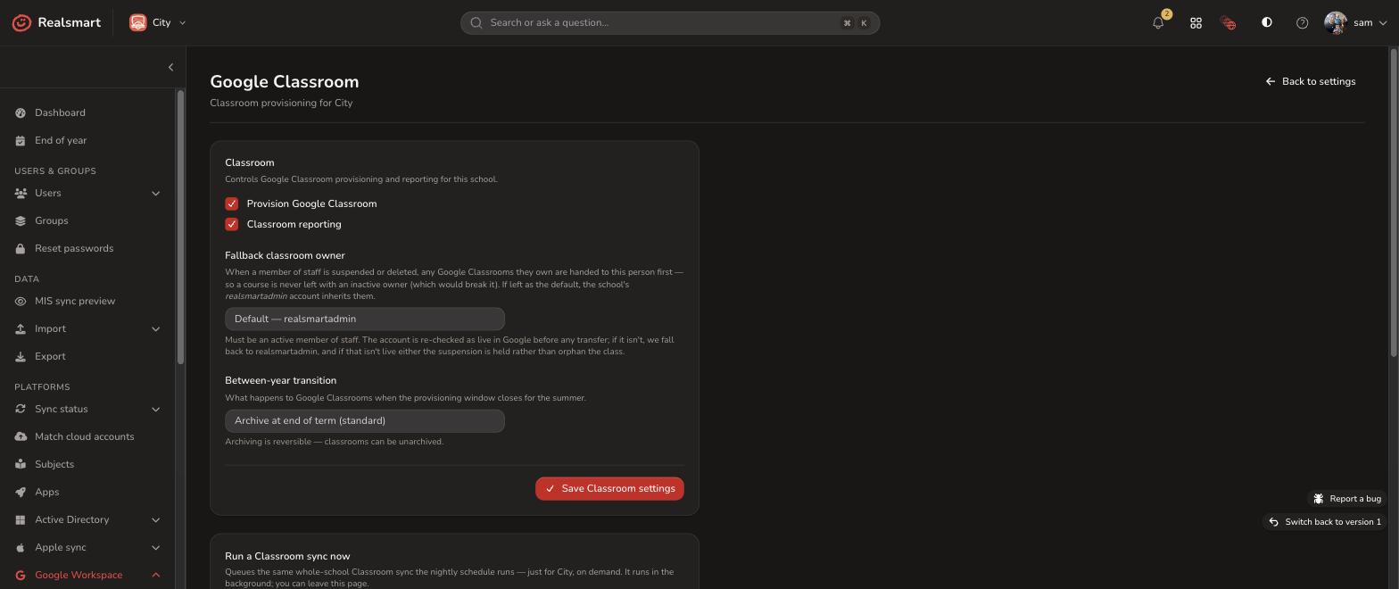 Google Sync Classroom settings showing fallback owner and between year transition options