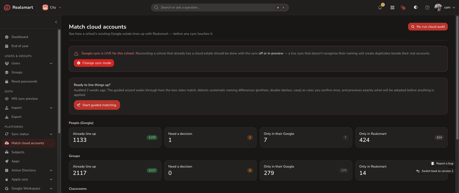 Google Sync cloud reconciliation screen showing matched and unmatched Google accounts