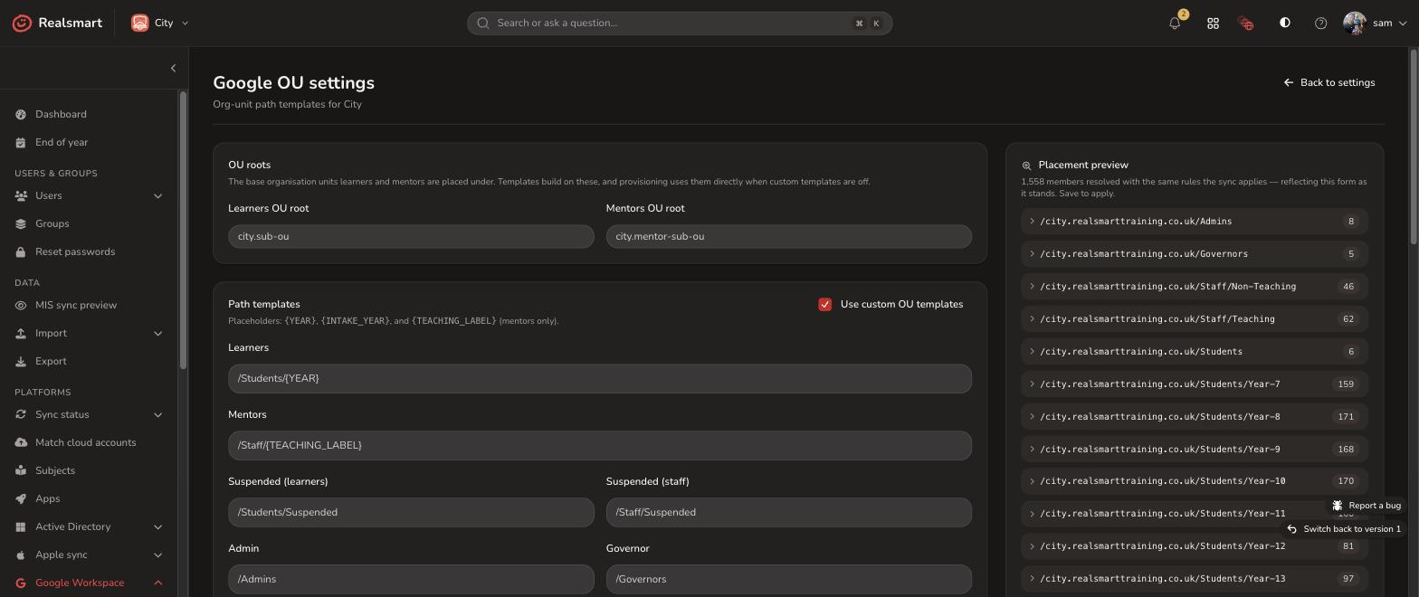 Google Sync OU settings showing path templates and a live OU placement preview
