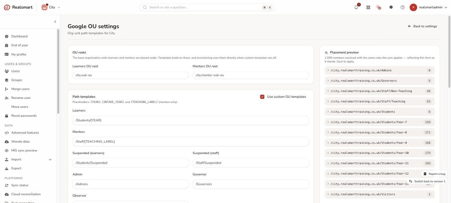 Google Workspace OU path templates for schools with live placement preview