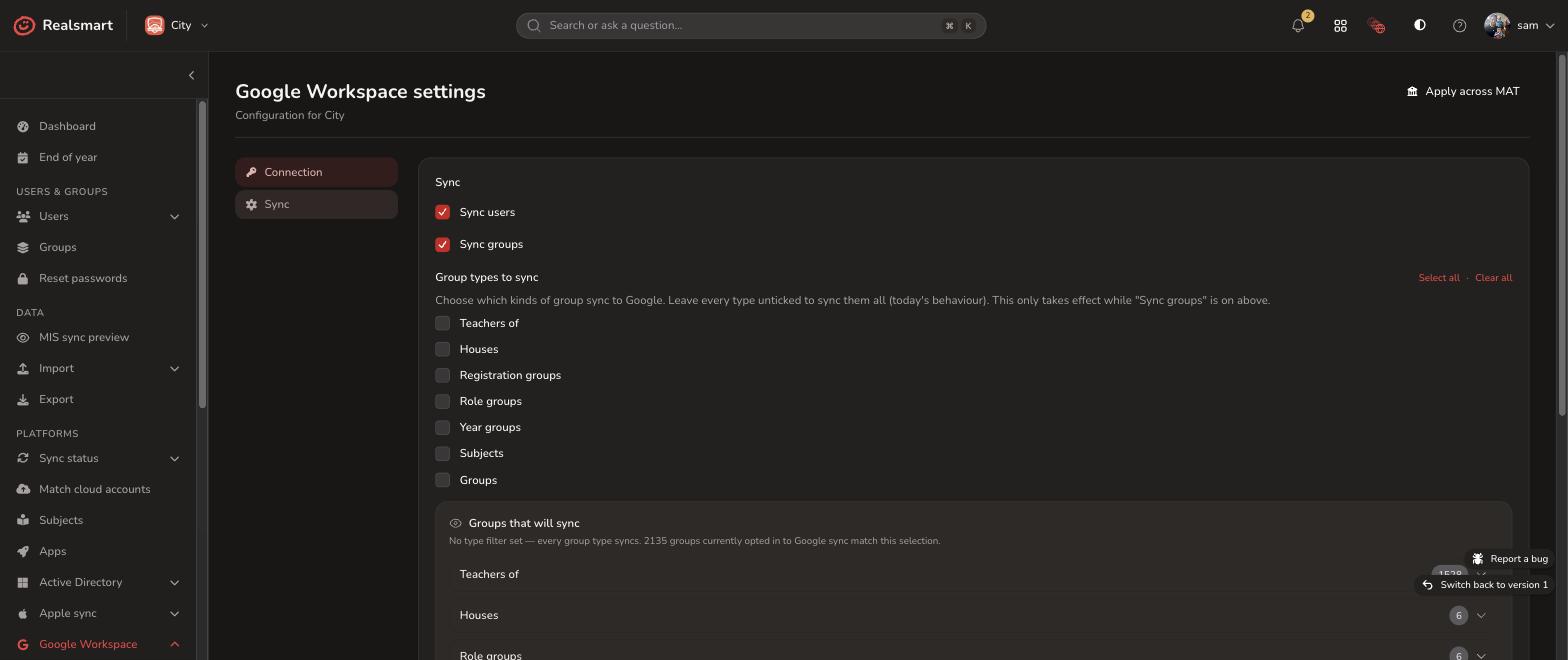 Google Sync options screen showing group types and a live groups that will sync preview