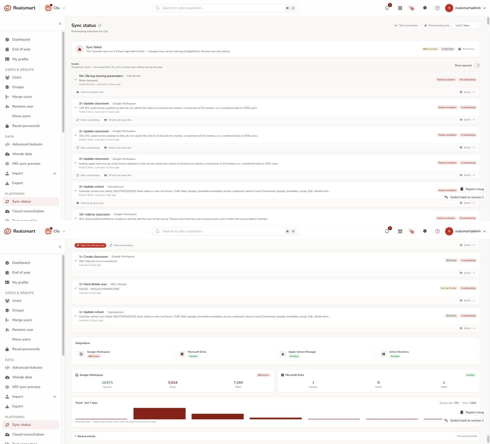 School MIS sync status dashboard showing grouped sync issues and platform health for Google Workspace and Microsoft Entra